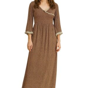 Patrons of Peace Maxi Dress Cottagecore Boho‎ L Stretch Peasant Fall Lace Trim